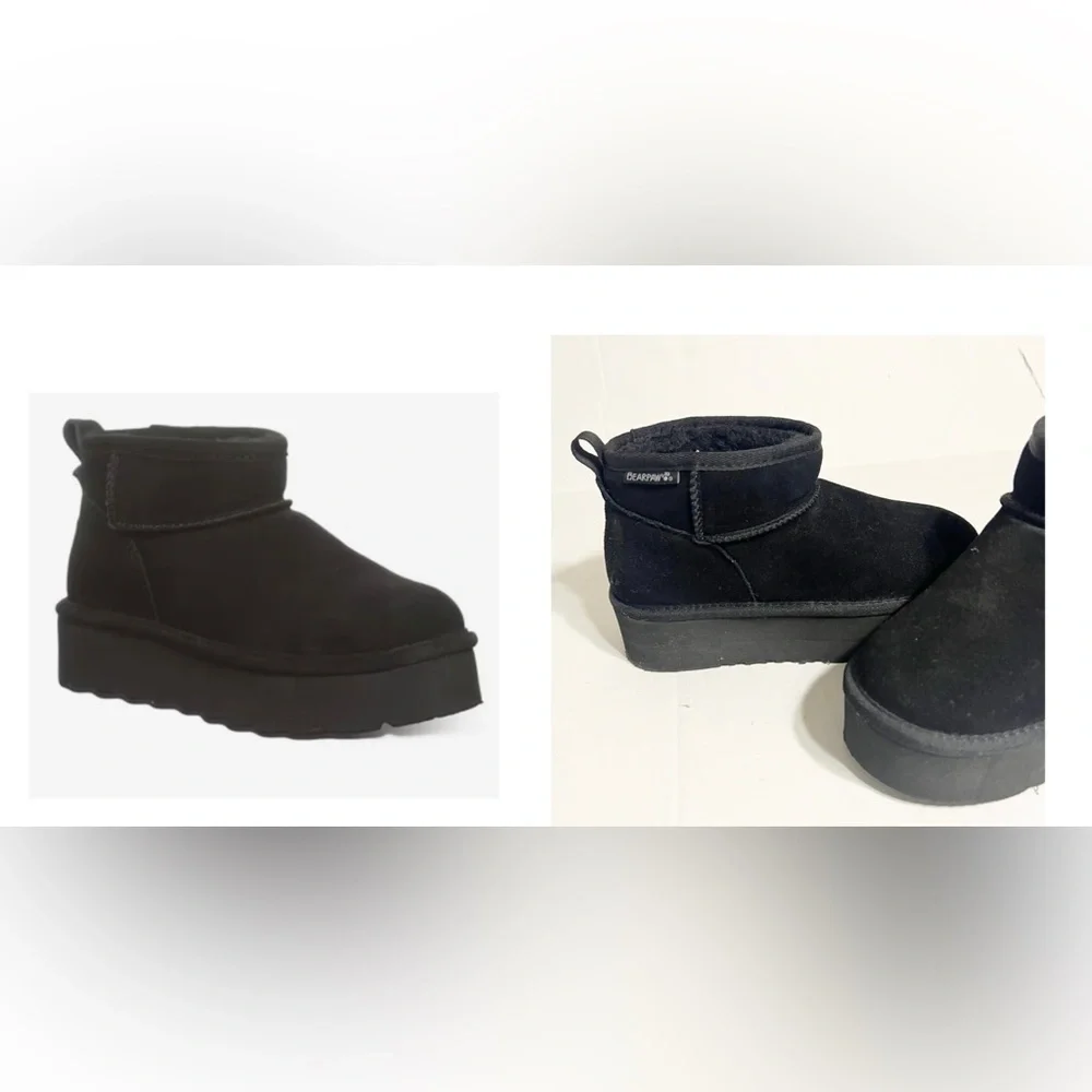 BearPaw Retro Shorty Bootie Black Shearling Lined Boots Round toe wool blend